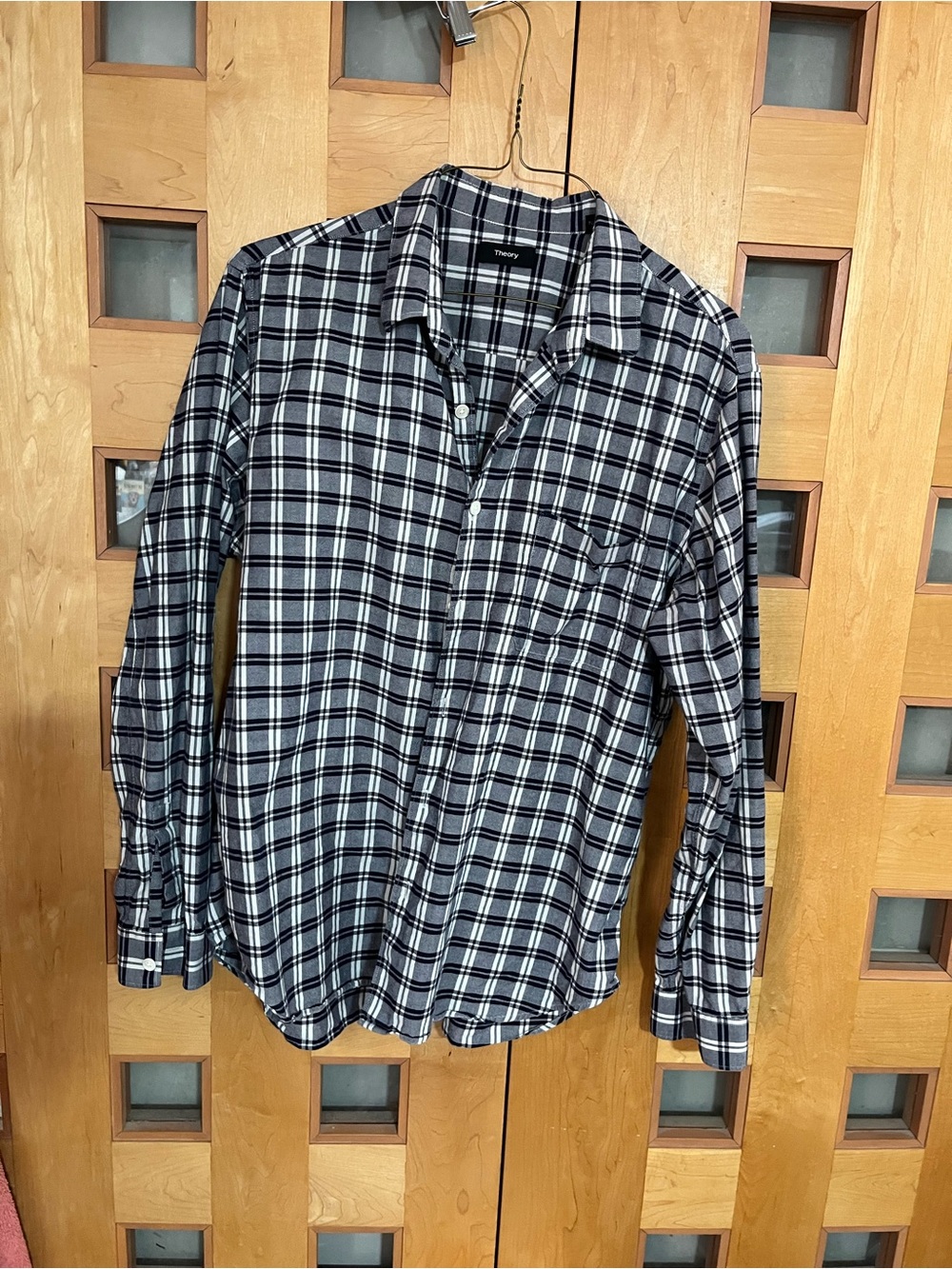 Theory Rammy Grange Men's Black and White Plaid Button-Down Shirt, XL